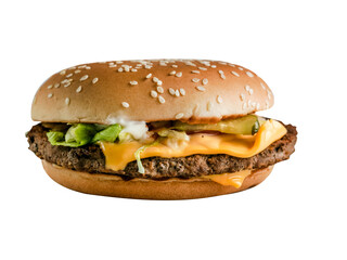 burger with roast beef and cheddar cheese in a bun with sesame seeds on a transparent background