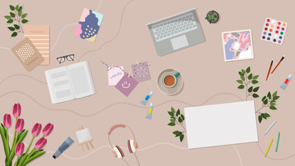 Artist inspiring workspace top view. Art creative web banner with art and office elements on the table. Vector illustration