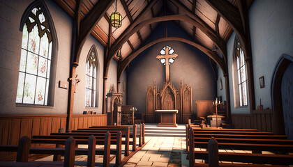 Fototapeta premium The Peaceful Chapel, An Intimate View of a Small Church, Generative AI