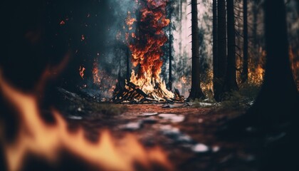 fire in the forest, ILLUSTRATIVE EDITORIAL ISSUE, GENERATIVE AI