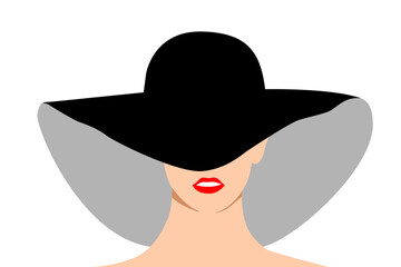 vector illustration portrait sexy woman wearing big hat with red lips, flat design isolated white background