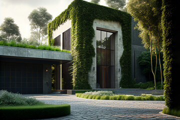 Exterior of modern ecologic house with big plant wall,created with Generative AI technology.