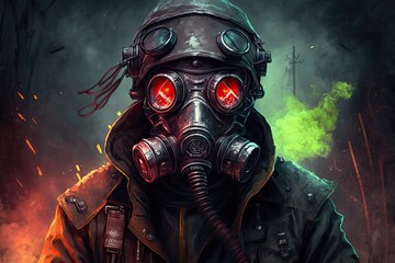 Robotic cyborg in a gasmask steampunk picture wearing a cyberpunk mask. He had a steel helmet on his head and flashing gas mask eyes. illustration. Generative AI
