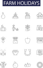Farm holidays line vector icons and signs. Holidays, Vacation, Rural, Agritourism, Relaxation, Equestrian, Countryside, Getaway outline vector illustration set © iconsgraph