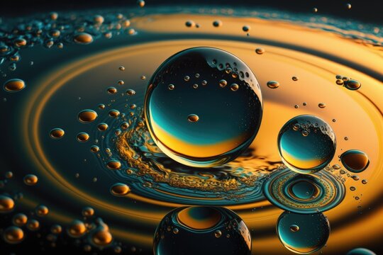 capturing the oil drops in close up on the water's surface. Cosmic rings resemble the structure of molecules. Background with copy space; used as a template. Generative AI