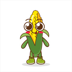 Corn cute character cartoon hand greeting emotions joy happiness smiling face icon vegetable beautiful vector illustration.