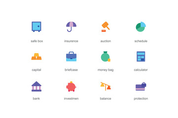 Banking concept of web icons set in color flat design. Pack of safe box, insurance, auction, briefcase, money bag, calculator, bank, investment, balance and other. Vector pictograms for mobile app