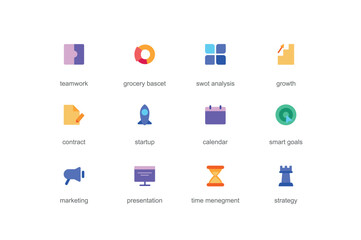 Business planning concept of web icons set in color flat design. Pack of teamwork, swot analysis, growth, contract, startup, calendar, smart goal, marketing and other. Vector pictograms for mobile app
