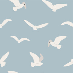 coastal seamless pattern, flying seagull digital paper, sea lion scrapbook paper, wave background, woman illustration clipart, ocean beach vector images in flat cartoon style.