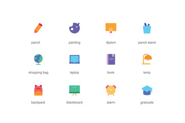 Education concept of web icons set in color flat design. Pack of pencil, painting, diploma, globe, laptop, book, lamp, backpack, blackboard, alarm, graduate and other. Vector pictograms for mobile app