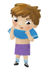 cartoon child kid boy taking off or putting on clothes by him self childhood illustration for children
