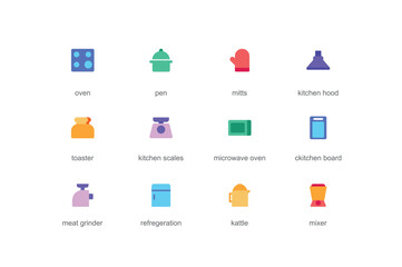 Kitchen concept of web icons set in color flat design. Pack of oven, pan, mitt, hood, toaster, scales, microwave, board, meat grinder, kettle, mixer and other utensil. Vector pictograms for mobile app