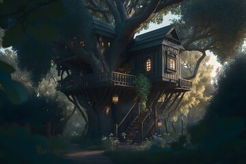 Obraz premium Treehouse created using AI Generative Technology