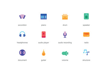 Music concept of web icons set in color flat design. Pack of accordion, piano, drum, speaker, headphone, audio player, recording, radio, guitar, volume and other. Vector pictograms for mobile app