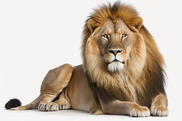 8 year old lion, Panthera leo, sitting in front of a white background. Generative AI