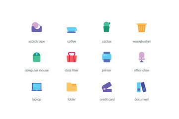 Office concept of web icons set in color flat design. Pack of scotch tape, coffee, cactus, computer mouse, bag, printer, chair, laptop, folder, credit card and other. Vector pictograms for mobile app
