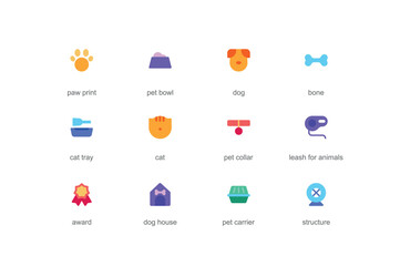 Naklejka premium Pet items concept of web icons set in color flat design. Pack of paw print, food bowl, dog, bone, cat tray, collar, leash for animal, award, house, carrier and other. Vector pictograms for mobile app