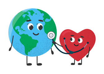 Planet Earth with stethoscope and red heart on white background. World Health Day. Vector illustration. 