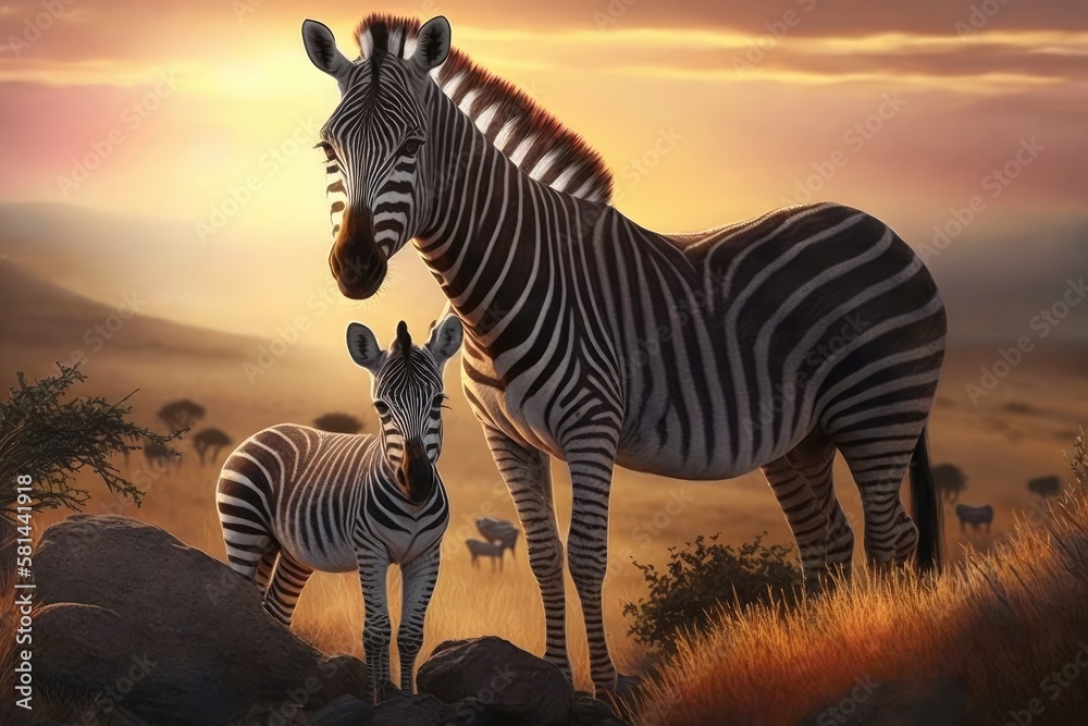 Canvas Prints While on safari, a mother zebra and her young calf may be seen grazing and grooming on a hill while the sun is setting. Generative AI