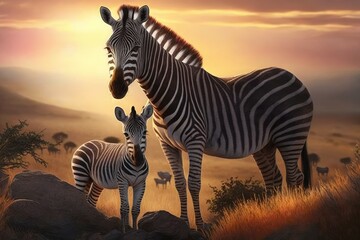 Fototapeta na wymiar While on safari, a mother zebra and her young calf may be seen grazing and grooming on a hill while the sun is setting. Generative AI