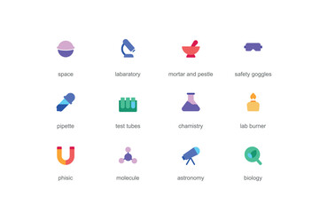 Science concept of web icons set in color flat design. Pack of space, laboratory, mortar and pestle, safety goggles, pipette, test tubes, chemistry, physics and other. Vector pictograms for mobile app