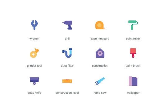 Repair tools concept of web icons set in color flat design. Pack of wrench, drill, tape measuring, paint roller, grinder tool, brush, putty knife, hand saw and other. Vector pictograms for mobile app