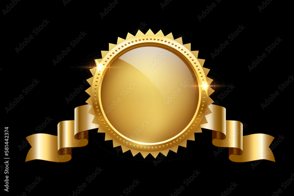 Poster gold circle frame and ribbon with shine and sparkle light effect vector illustration. realistic 3d g