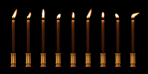 Church candles in gold candlesticks with flame on wicks set, 3D wax candles with stands