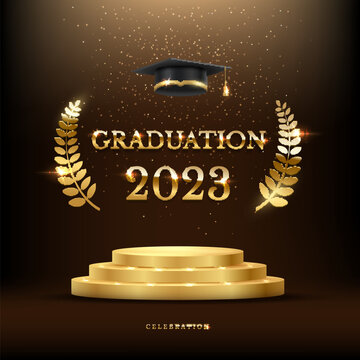 2023 graduation ceremony square banner. Award concept with academic hat, golden podium and laurel wreath under shining glitter on dark background