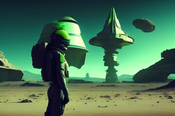 Soldier stands against backdrop of spaceship landing on an alien planet. Illustration in science fiction genre on green background 8k - generative ai