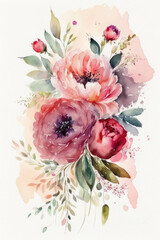 Bouquet of pink flowers, watercolor painting, created with Generative AI technology.