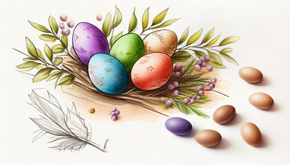 easter Sketch with coloful eggs, Generative AI