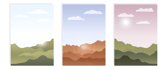 Vector flat posters. Beautiful view of mountains and sky. Illustration suitable for template, poster, textile design and home design.