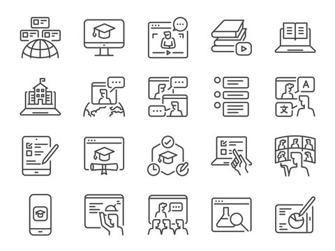 Online education icon set. It included icons such as class, learning, study, online school, webinar, and more.
