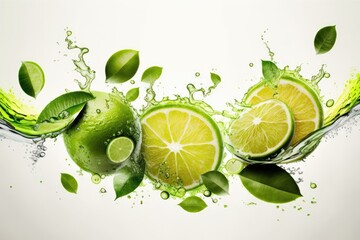 Lime slices with leaves splashing in water, isolated on a white backdrop. Generative AI