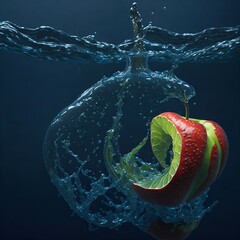 Fototapeta Foto realistyczna ilustracja, jabłka/cytrusa wpadającego do wody, SI obraz