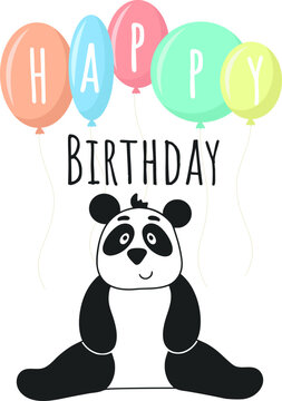 Happy birthday holiday postcard. Cute panda and congratulations inscription. Baby template for card, invitation, banner and design. Vector illustration