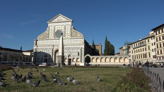 The square and facade of Santa Maria Novella in Florence, Italy