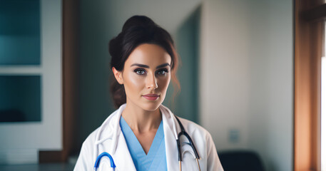 Young female surgeon portrait. Adult woman in white medical suit looking at camera on blurry background. Panorama. Generative AI