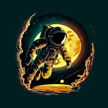 Astronaut landing on space background yellow moon illustration
