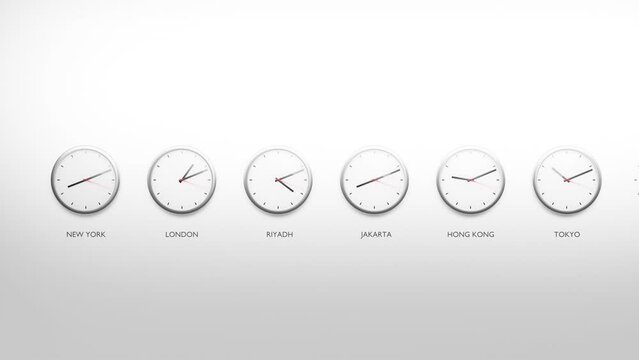 Clocks with Different Time Zones All Around the World. 3d rendered 4k animation