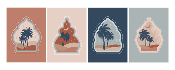 Collection of oriental style Islamic windows, palm trees, cactus and desert	

