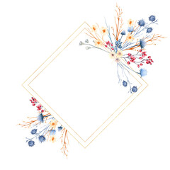 Frame with forest twigs, flowers and berries. watercolor illustration
