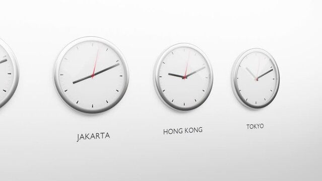 Clocks with Different Time Zones All Around the World. 3d rendered 4k animation. Camera movement