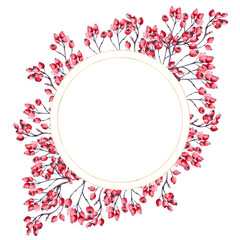 Frame with forest twigs, flowers and berries. watercolor illustration