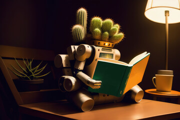 Android robot reads a book sitting on a bench in the library, AI generative.