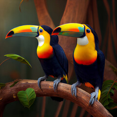 Multi colored toucans on branch in tropical rainforest ,generative AI