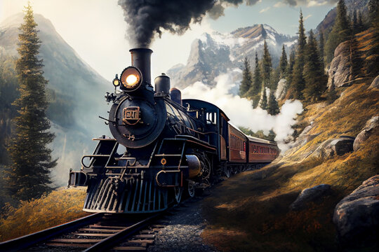 Steam train chugs along on railroad track through forest ,generative AI