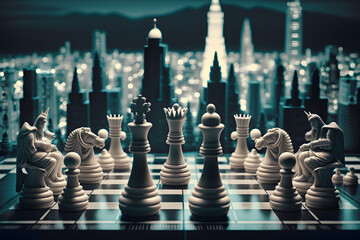 Chess game fight business with city in the background. Generative Ai