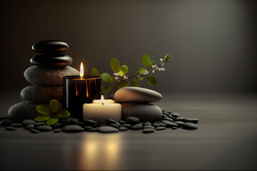 Fototapeta na wymiar Black massage stone heap and candle, wellness spa relaxing Zen The beauty concept. Generative AI